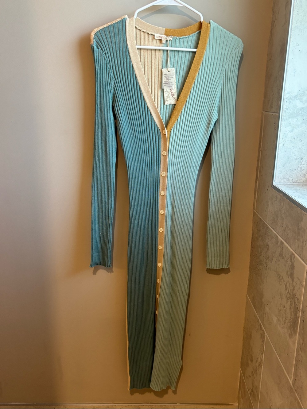 Long Ribbed Button-Front Dress in Seafoam with Contrast Trim
